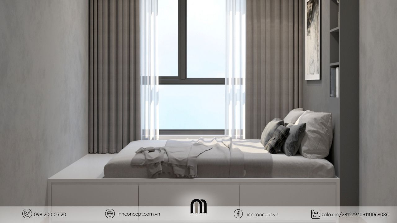 Mẫu phòng ngủ sử dụng hệ thống tủ gầm giường có ngăn kéo.