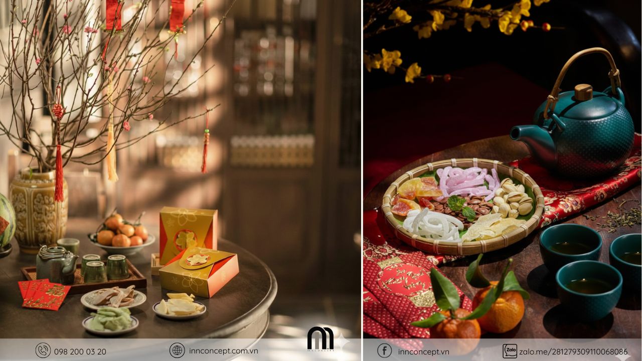 Sắp xếp bàn trà, khay mứt đón Tết.