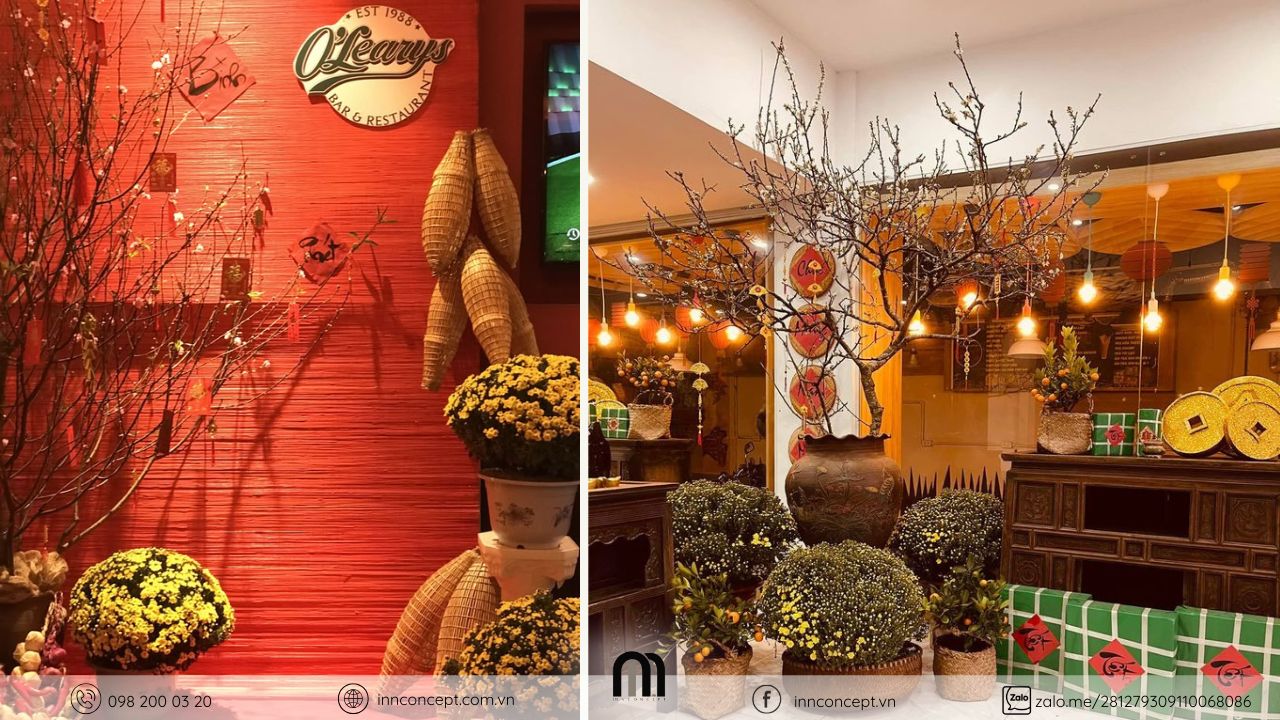 Sử dụng đèn trang trí màu vàng ấm decor ngày Tết.