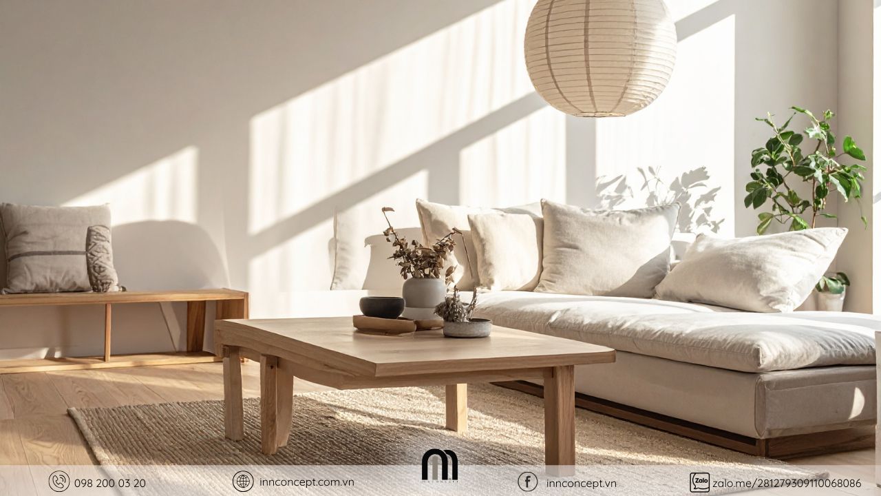 Sử dụng vật liệu tự nhiên và thiết kế nội thất tinh gọn trong thiết kế nội thất nhà mát mẻ mùa hè.