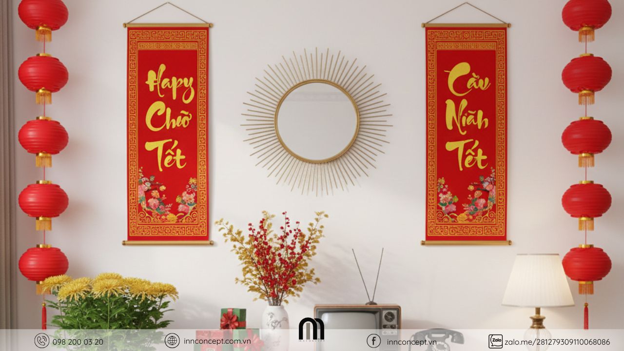 Trang trí Tết bằng câu đối giúp gia tăng vượng khí nhà.