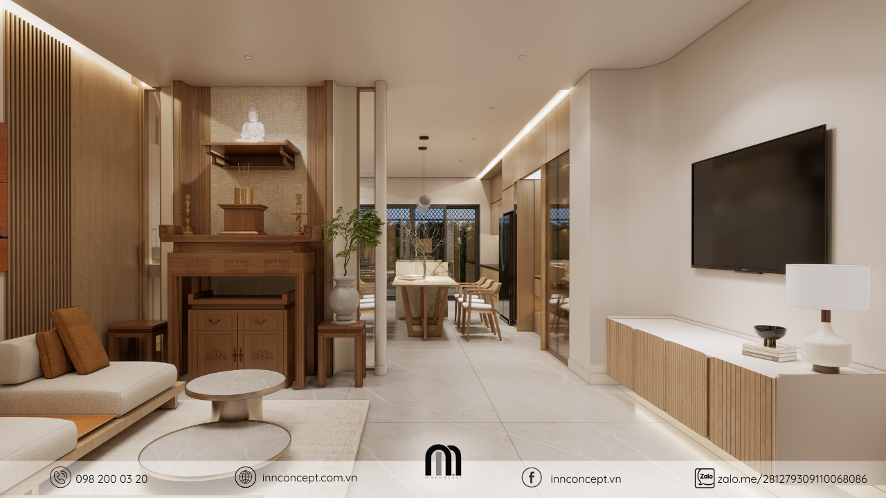 Dự án phòng khách kết hợp gian thờ nhà phố quận 9 của cô Hương do IN.N Concept thực hiện.