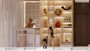 Hệ thống đèn LED âm tường khiến không gian thờ ấm trầm và linh thiêng do IN.N Concept thực hiện.