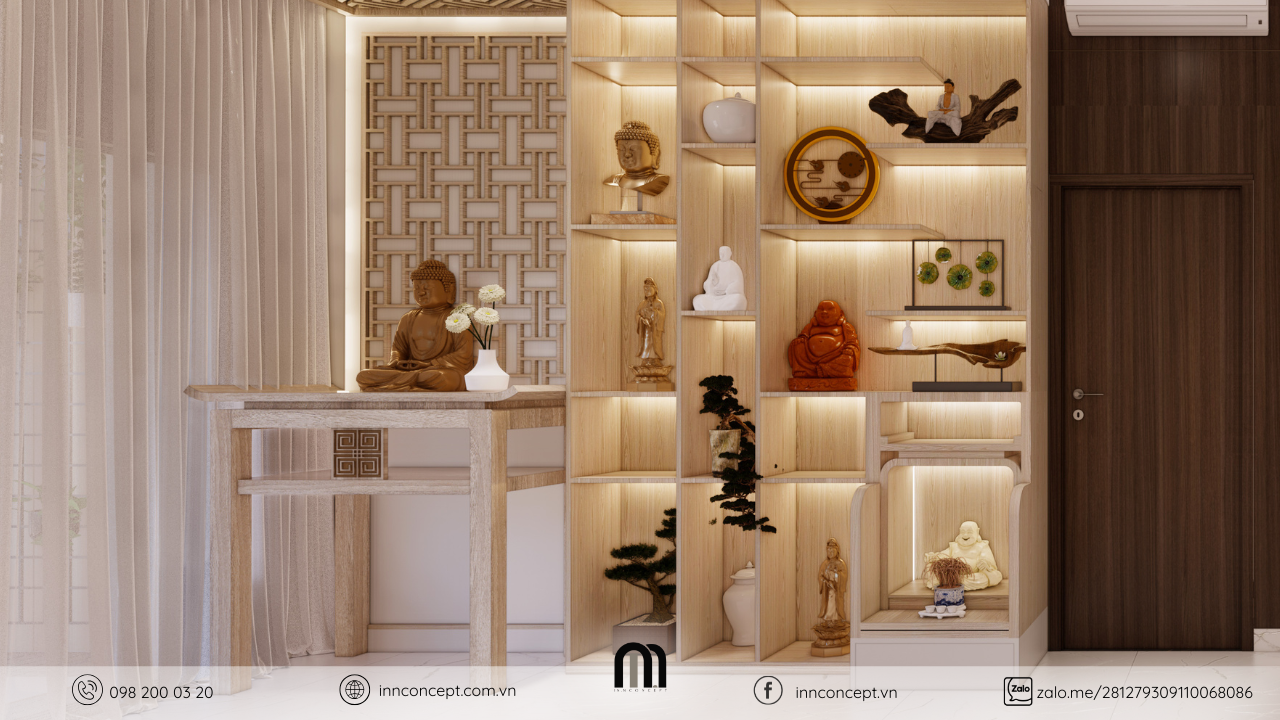 Hệ thống đèn LED âm tường khiến không gian thờ ấm trầm và linh thiêng do IN.N Concept thực hiện.