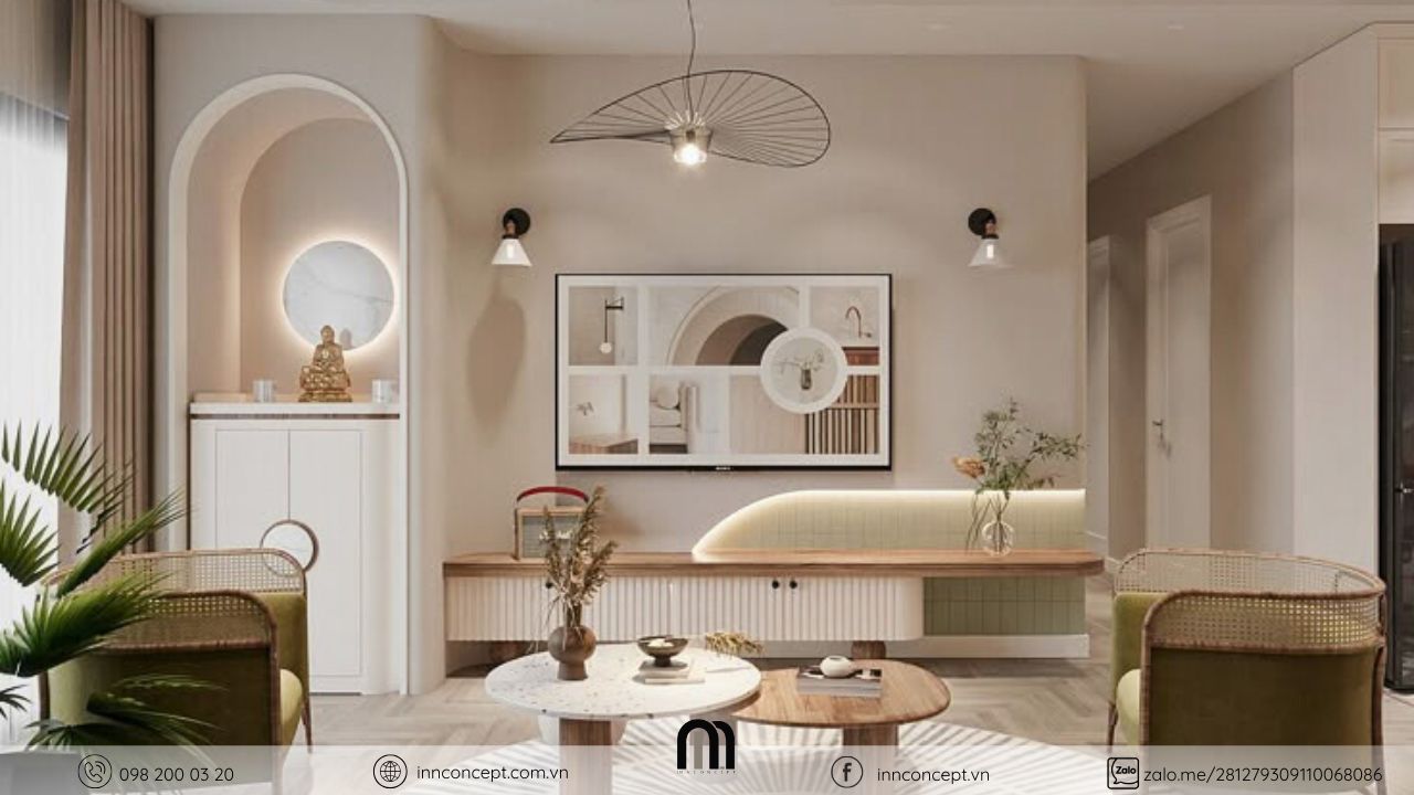 Phòng khách có bàn thờ trong mẫu mẫu phòng khách chung cư nhỏ đẹp.