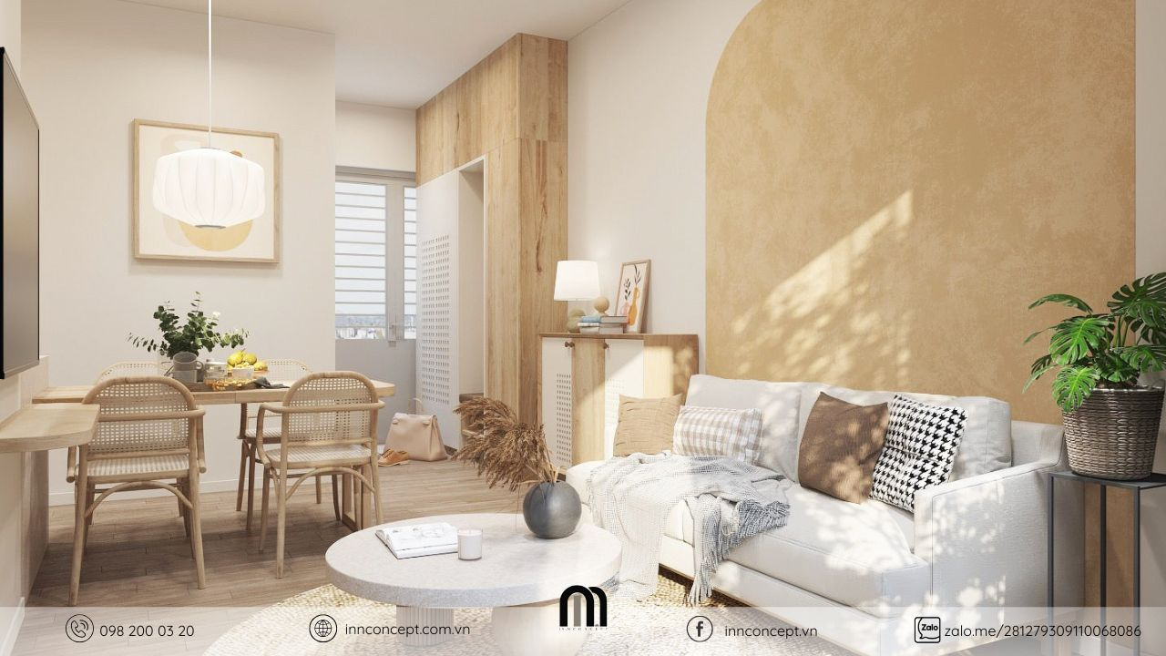 Phòng khách phong cách thiết kế Wabi Sabi với sofa dáng thấp và vật liệu gỗ mộc.