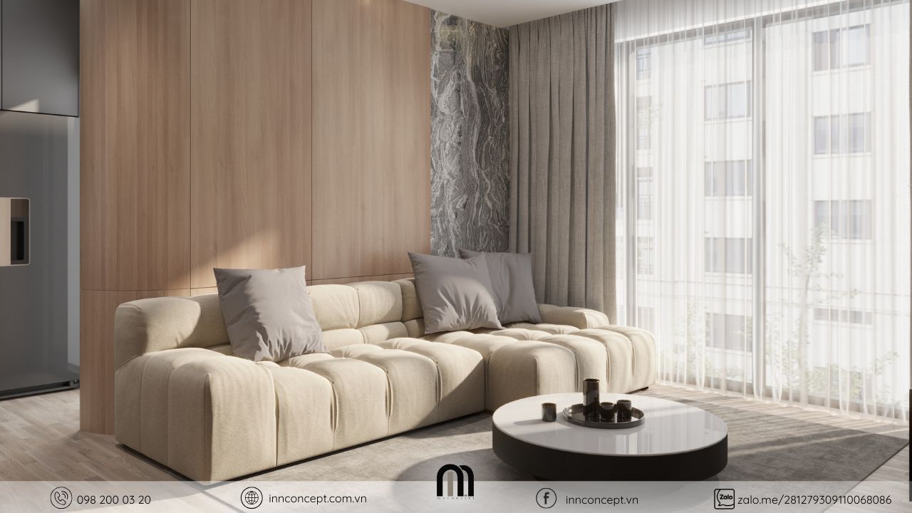 Thiết kế phòng khách chung cư với gam màu trung tính.