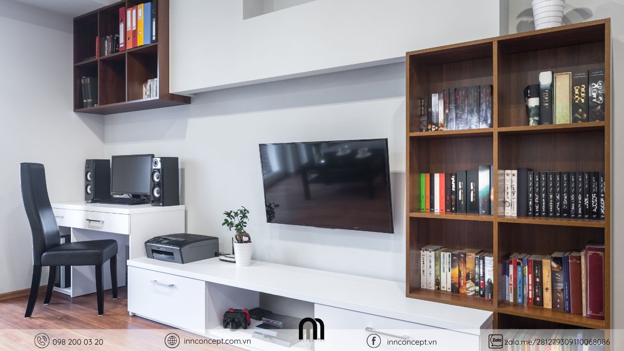 Thiết kế phòng khách chung cư kết hợp góc làm việc.