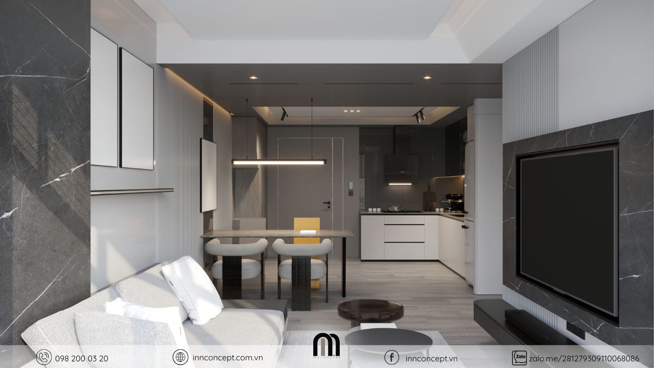 Thiết kế phòng khách chung cư liền bếp mở rộng không gian.